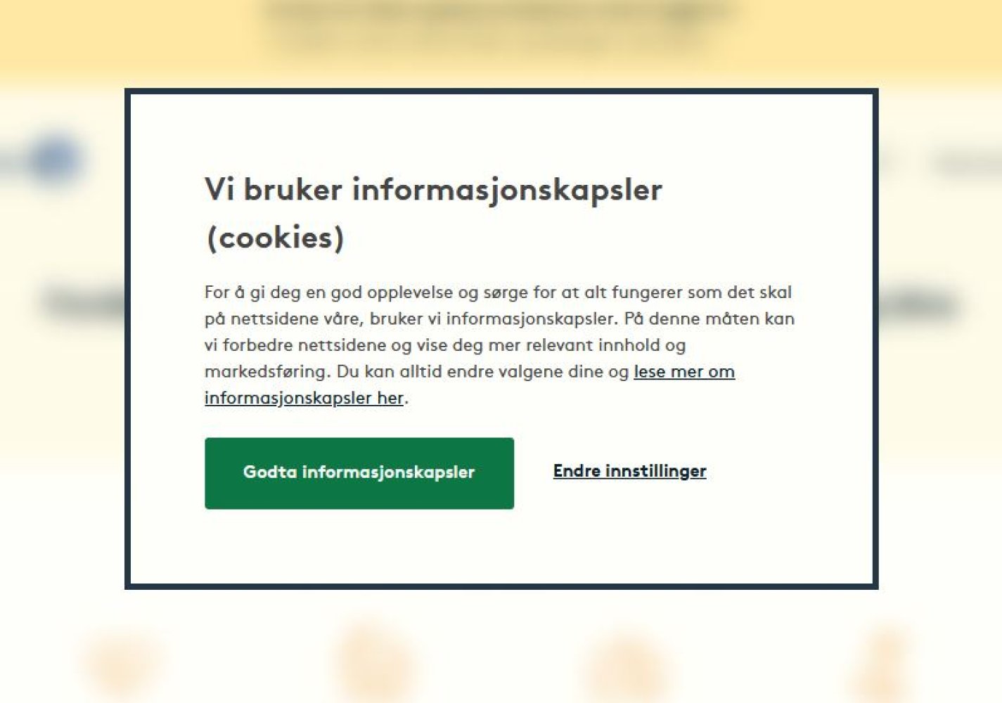 Pop-up vindu hvor du kan velge å godta eller endre cookie-innstillinger